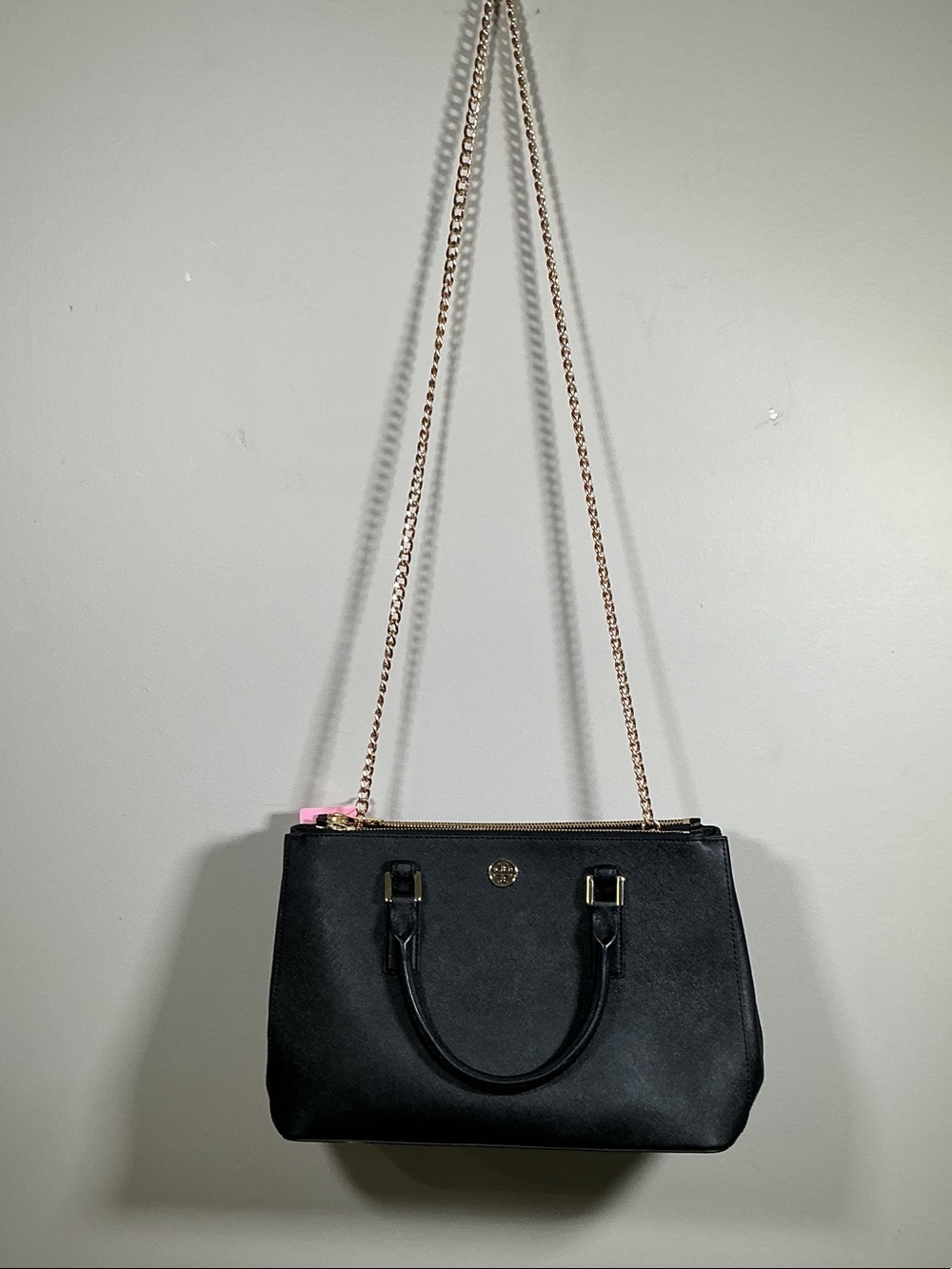 Tory Burch Black Saffiano Leather Large Satchel Tote Bag Gold Hardware Dust Bag